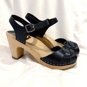 Swedish Hasbeens Toffel Black Leather Wood Clog Strappy Sandals Womens USA 6